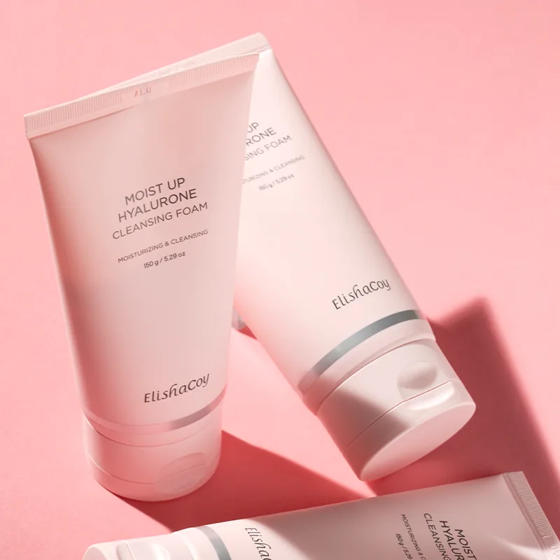 Elishacoy Moist Up Hyalurone Cleansing Foam tubes on blush pink